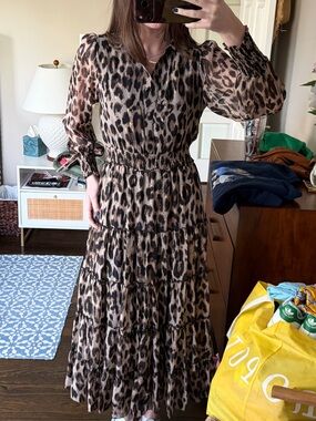 Tahari Leopard Print Tiered Maxi Dress in Brown and Black